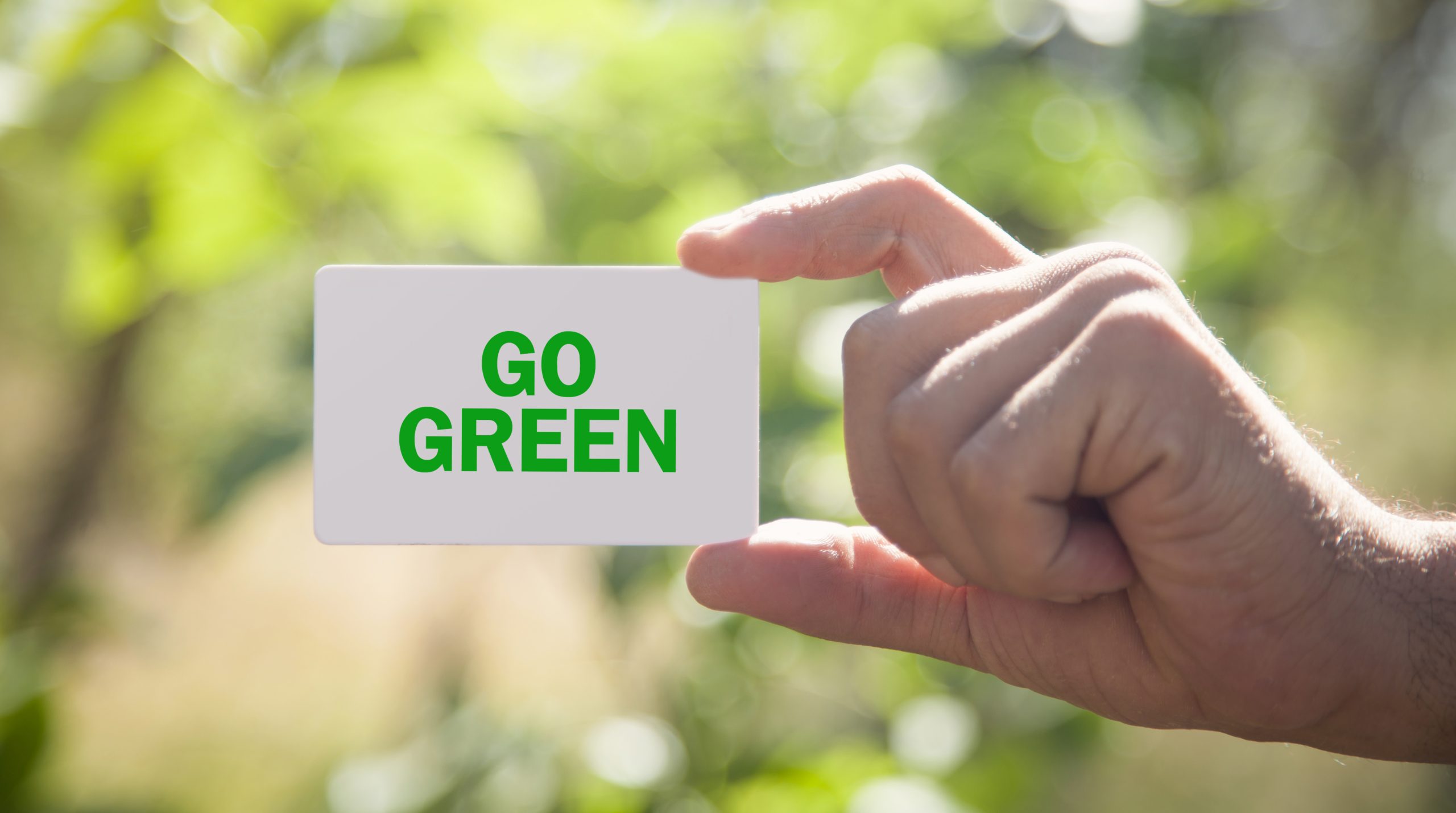 Male hand holding Go Green text in business card.